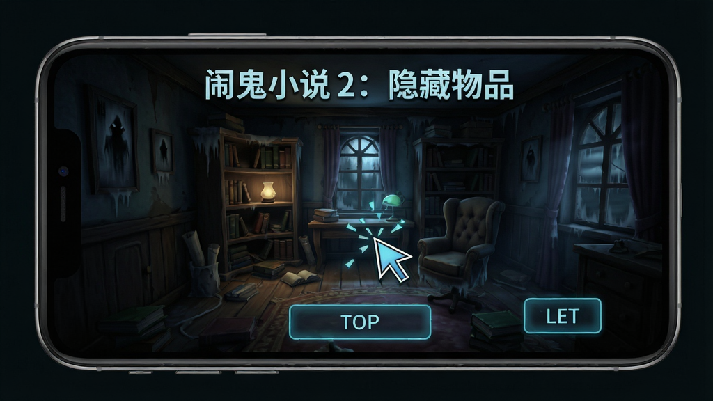 一部智能手机屏幕显示闹鬼小说 2:隐藏物品的游戏场景,主体为手机与游戏画面,布局居中,排版四周为深色背景,风格为科技感与暗黑风格结合,细节包括游戏中的书房场景、寻物光标、提示按钮,画质高清,干净,无多余元素,画面中显示文字