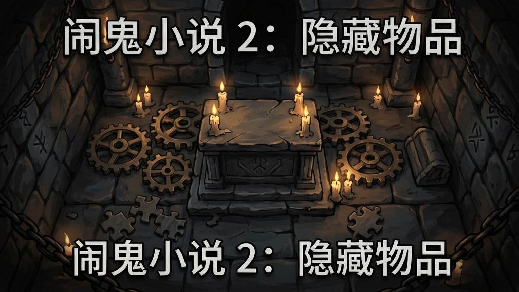 一个昏暗的地下室场景,主体是中央的石制祭坛与周围散落的齿轮零件,布局采用俯视视角,排版四周为石墙与铁链,风格为暗黑奇幻手绘,细节包括闪烁的烛光、墙上的神秘符号、地上的拼图碎片,画质高清,干净,无多余元素,画面中浮现文字