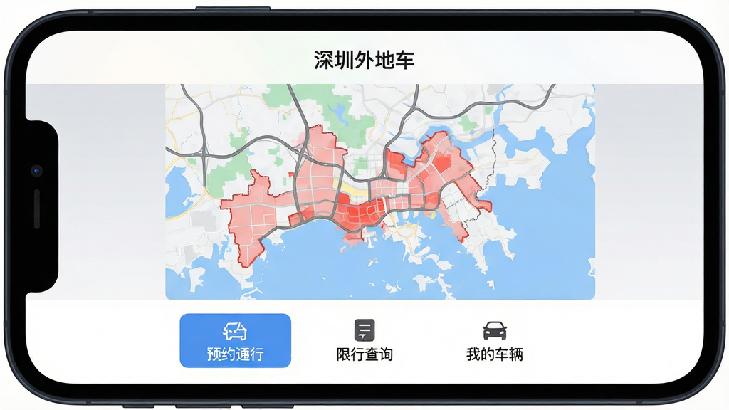 一张手机应用界面展示图,画面中央是“深圳外地车”APP的主界面,顶部显示软件名称“深圳外地车”,中间展示深圳地图轮廓并标注限行区域为红色高亮,下方有“预约通行”“限行查询”“我的车辆”三个功能按钮,整体布局清晰,风格为现代简约扁平化设计,细节包括地图道路线条、区域边界、按钮图标,画质高清,干净无多余元素,手机屏幕外框为深色圆角边框,背景为浅灰色渐变,整体呈现专业出行工具类应用的视觉效果
