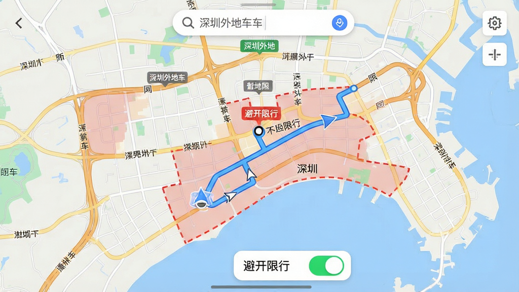 一张地图导航界面截图风格的图片,画面中央是“深圳外地车”APP的地图页面,地图上显示深圳城市道路网,限行区域用红色虚线框标注,一条蓝色导航路线从起点到终点绕开了红色区域,地图上方有搜索框,下方有“避开限行”的开关按钮,整体布局为全屏地图加悬浮控件,风格为现代导航应用界面,细节包括道路名称、区域标签、路线箭头、开关按钮的绿色高亮状态,画质高清,干净无多余元素,背景为浅色地图底图
