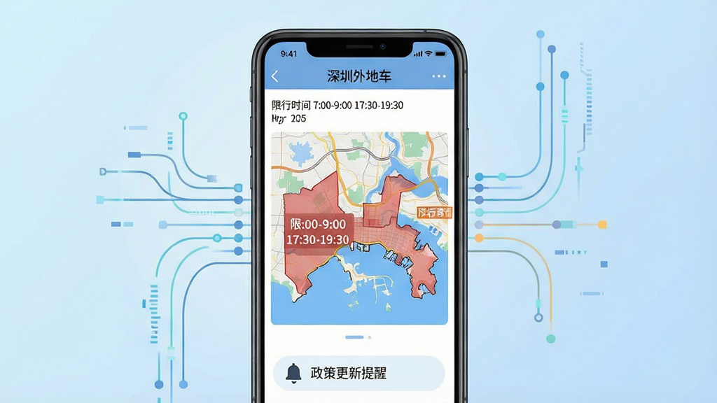 一张信息图表风格的插图,画面主体是一部智能手机,屏幕内显示“深圳外地车”APP的限行政策页面,页面顶部有日期和时间,中间是深圳地图,地图上用红色半透明色块标注限行区域,旁边有文字标注“限行时间 7:00-9:00 17:30-19:30”,底部有“政策更新提醒”的铃铛图标,整体布局为手机居中,周围有抽象的数据流线条连接,风格为科技感扁平插画,细节包括地图道路、区域边界、文字标签,画质高清,干净无多余元素,背景为浅蓝色渐变