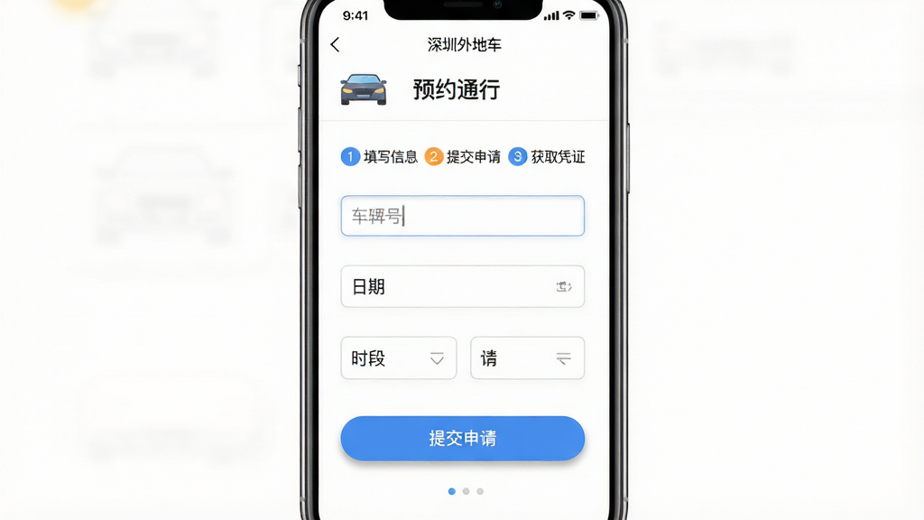 一张手机应用操作界面图,画面展示“深圳外地车”APP的预约通行页面,屏幕上方有“预约通行”标题,中间是表单区域,包含车牌号输入框、日期选择器、时段选择器,下方有“提交申请”按钮,按钮为蓝色圆角矩形,表单上方有步骤提示“1填写信息 2提交申请 3获取凭证”,整体布局为手机竖屏展示,风格为清爽的移动端UI设计,细节包括输入框的浅灰色边框、按钮的阴影效果、步骤指示器的圆形图标,画质高清,干净无多余元素,背景为白色