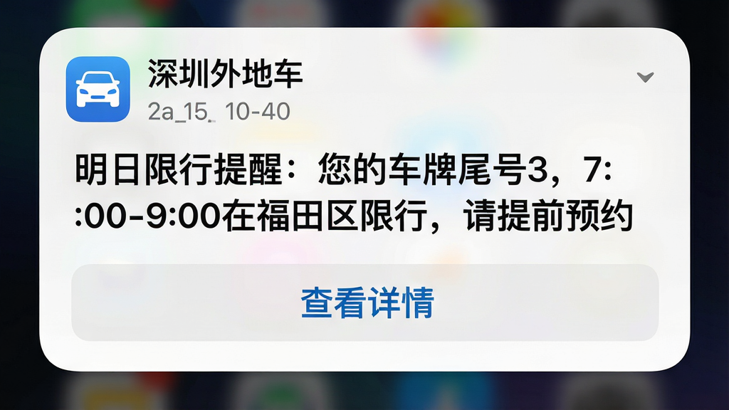 一张手机通知中心界面图,画面展示“深圳外地车”APP发送的限行提醒通知,通知卡片上显示“明日限行提醒:您的车牌尾号3,7:00-9:00在福田区限行,请提前预约”,下方有“查看详情”按钮,通知卡片背景为白色圆角矩形,带有轻微阴影,整体布局为手机锁屏或通知栏样式,风格为简洁的移动端通知设计,细节包括通知图标、时间戳、按钮文字,画质高清,干净无多余元素,背景为深色渐变壁纸