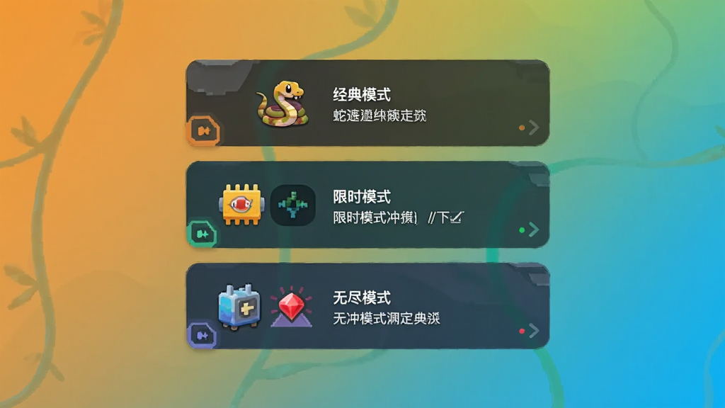 蛇冲突多模式选择界面,画面中三个模式入口以卡片形式纵向排列,分别标注经典模式、限时模式、无尽模式,每张卡片上有对应的图标和简短说明,背景为渐变色,整体风格简洁现代,排版整齐,画质清晰,无多余装饰