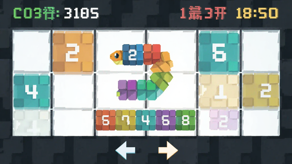 蛇冲突游戏主界面预览图,画面中央一条由彩色数字方块组成的蛇在网格地图上移动,周围散布着标有数字2、4、8的方块,顶部显示当前得分和最高分,底部有方向控制提示,整体风格为扁平化极简几何设计,色调明快清新,画质清晰干净,无多余元素