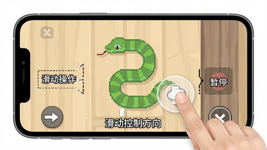 蛇冲突新手操作指引图,画面中一部手机横屏显示游戏界面,手指正在滑动屏幕控制蛇的方向,画面左侧标注滑动操作、右侧标注点击暂停,底部有文字提示“滑动控制方向”,整体风格为教程图解,清晰直观,画质干净,无多余元素