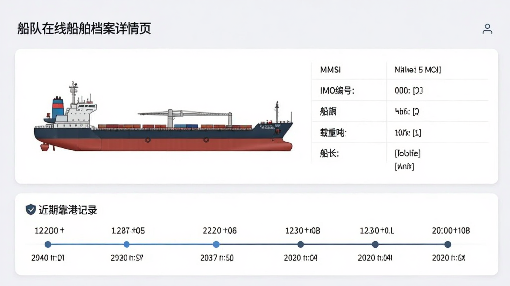 船队在线船舶档案详情页,页面以卡片形式展示一艘散货船的侧面示意图,旁边列出MMSI、IMO编号、船旗、载重吨、船长等参数表格,底部有近期靠港记录时间轴,界面排版工整,浅色背景配深色文字,风格专业简洁