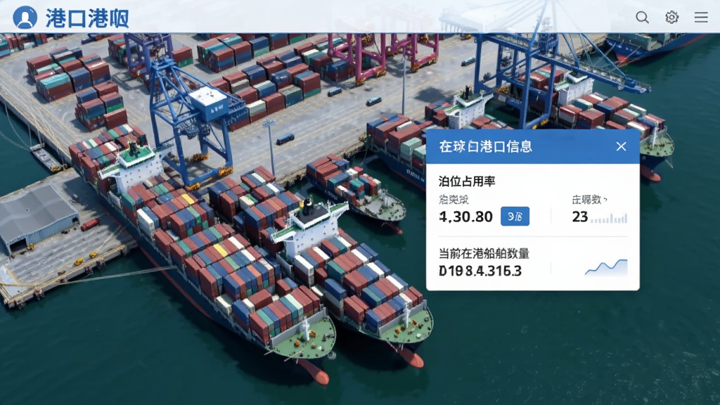 船队在线港口信息页面,画面展示一个大型集装箱码头的俯视图,码头边停靠着多艘集装箱船,旁边浮窗显示港口名称、泊位占用率和当前在港船舶数量,界面采用清爽的蓝白配色,信息一目了然
