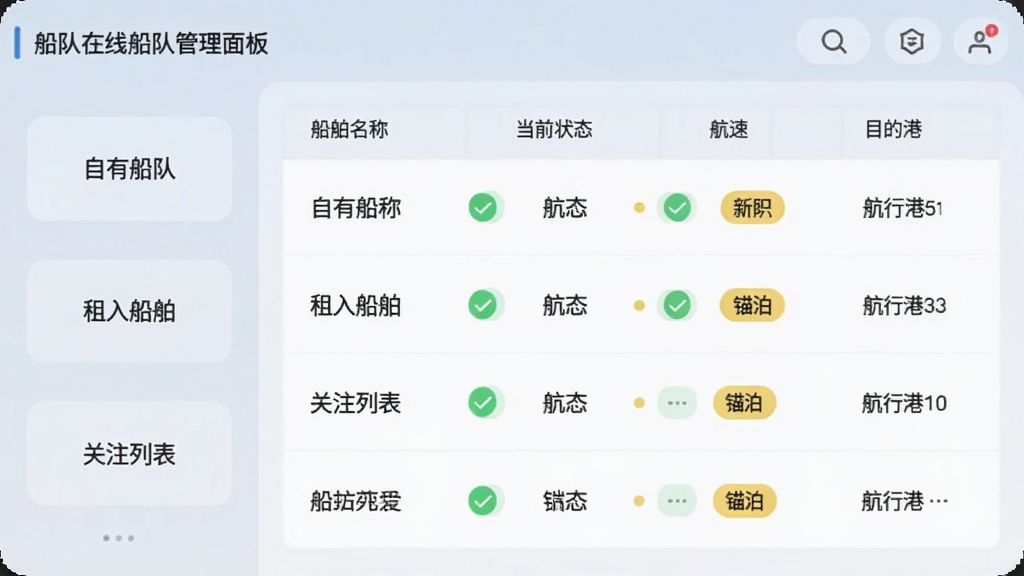 船队在线船队管理面板,界面左侧显示多个分组标签如“自有船队”“租入船舶”“关注列表”,右侧以表格形式列出船舶名称、当前状态、航速和目的港,每行有状态指示灯,绿色表示航行中,黄色表示锚泊,整体布局清晰,配色柔和