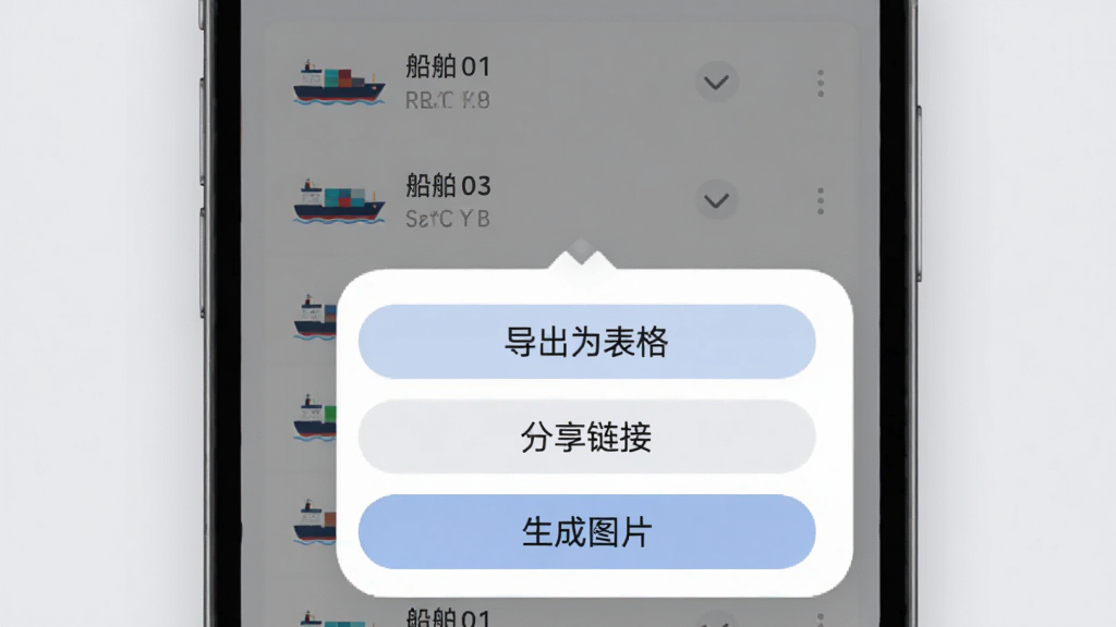船队在线数据导出功能界面,画面中一部手机屏幕显示船舶列表,下方弹出导出格式选项菜单,包括“导出为表格”“分享链接”“生成图片”等按钮,背景为浅灰色,界面元素圆润现代,画质干净