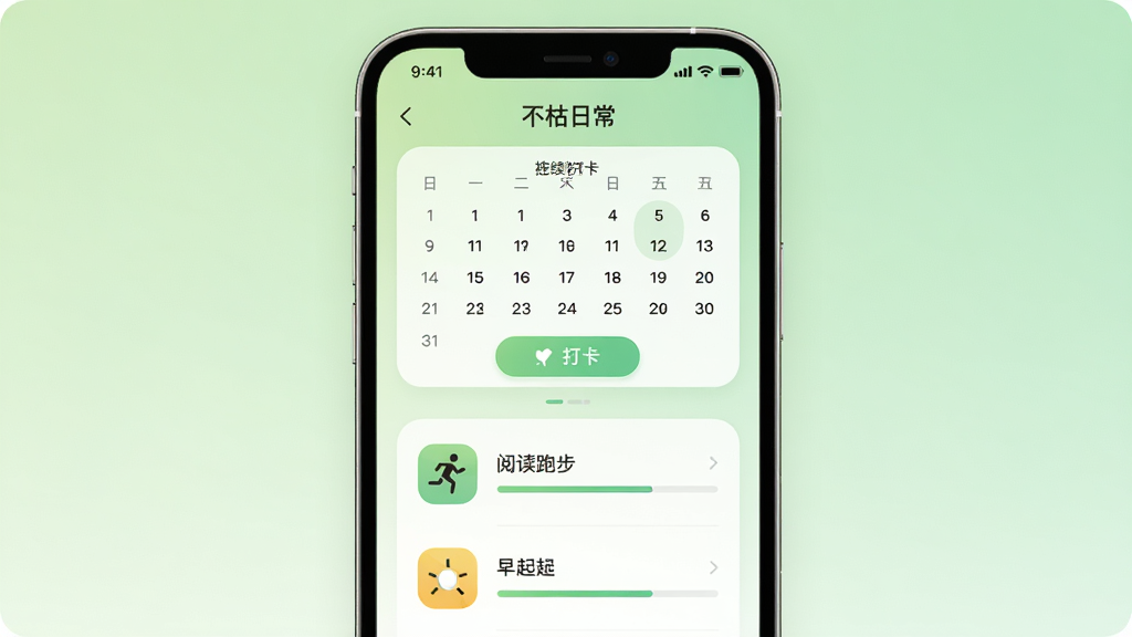 手机屏幕中央展示“不枯日常”应用主界面,上方为连续打卡天数日历,下方为习惯列表,包含阅读、跑步、早起三个图标,背景为浅绿色渐变,风格清新简约,布局居中对称,细节包含打卡按钮与进度条,画质清晰干净无多余元素