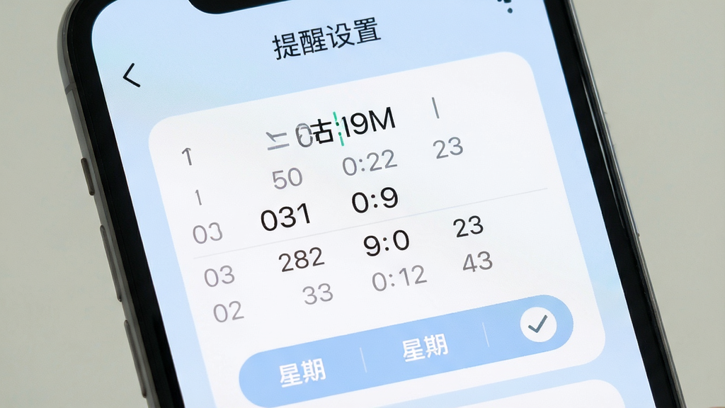 不枯日常提醒设置界面,手机屏幕显示时间选择器与星期勾选按钮,顶部标题为“提醒设置”,背景为淡蓝色,按钮为圆角矩形,文字清晰,风格柔和,画质干净无杂乱元素