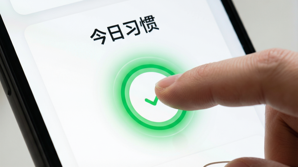 不枯日常应用打卡界面特写,手指轻触屏幕上的圆形打卡按钮,按钮周围有绿色光晕扩散效果,背景为白色卡片式布局,顶部显示“今日习惯”文字,画质高清,细节干净,风格扁平化设计