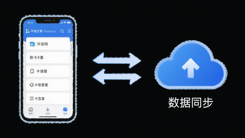 不枯日常云端同步示意图,画面左侧为手机图标,右侧为云朵图标,中间有双向箭头连接,手机屏幕显示打卡列表,云朵下方标注“数据同步”文字,背景为纯白色,风格简洁科技感,画质清晰,无多余元素