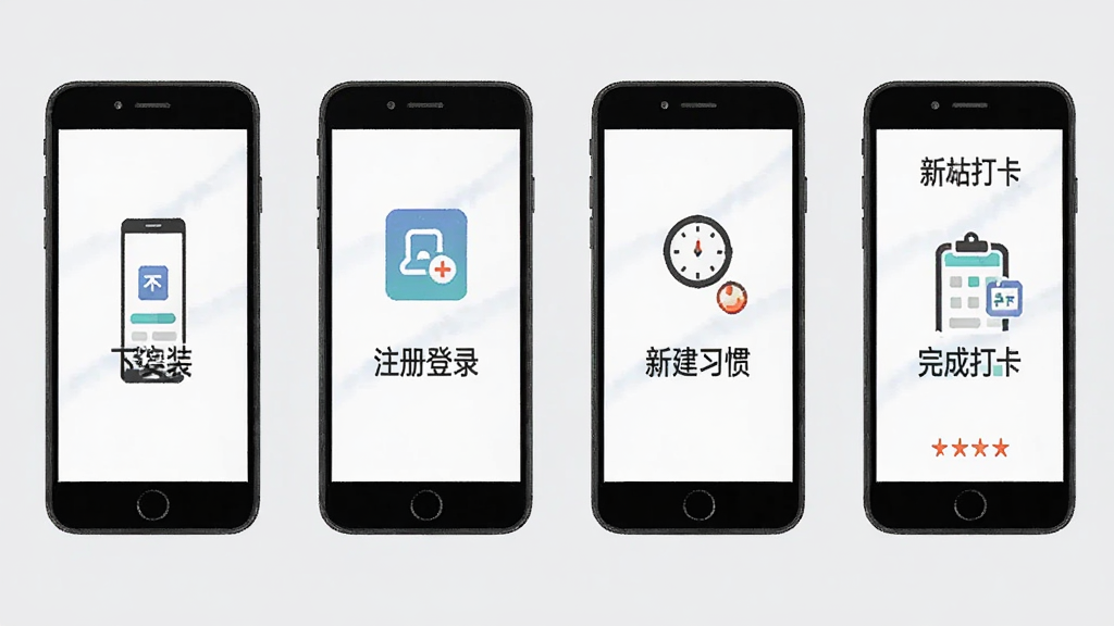 不枯日常手机端操作示意图,画面展示手机屏幕从安装到打卡的四个步骤,分别为下载安装、注册登录、新建习惯、完成打卡,每个步骤配有简洁图标与文字说明,背景为浅灰色,风格教程类,画质清晰,布局整齐,无多余元素
