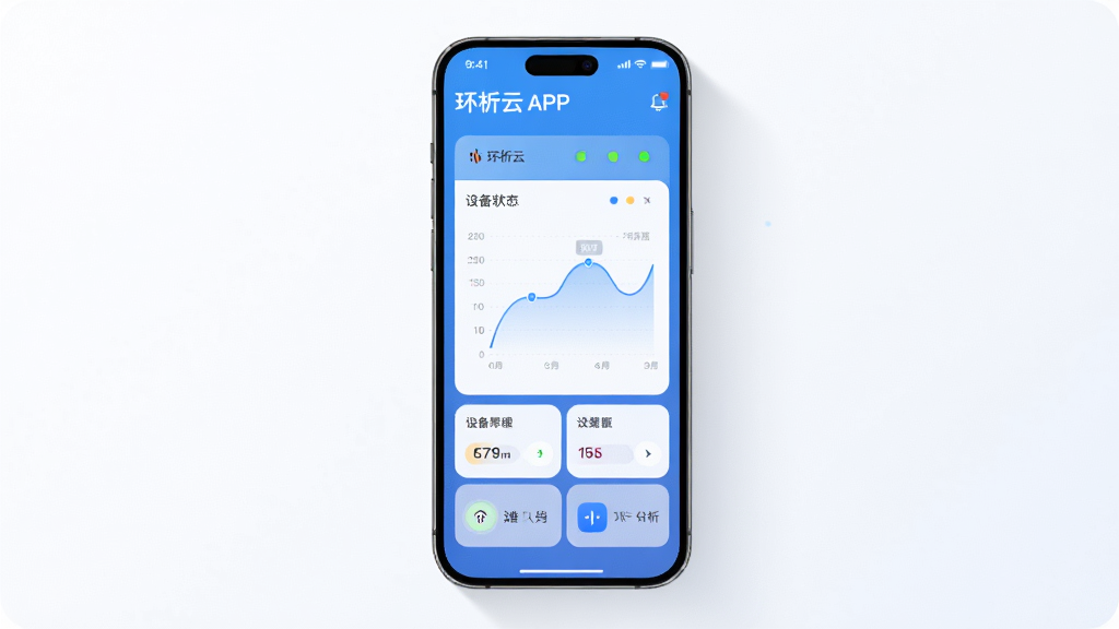主体为一部智能手机,屏幕上显示环析云APP的监测仪表盘界面,布局为居中构图,排版简洁,风格为现代科技感,细节包括数据曲线图、设备状态指示灯、蓝色渐变背景,画质高清,干净,无多余元素