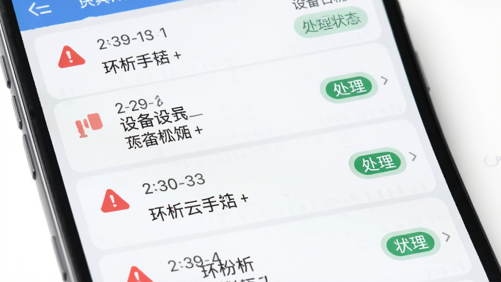 主体为环析云手机端告警通知界面,布局为上下排列的消息列表,风格为清爽浅色,细节包括红色告警图标、时间戳、设备名称、处理状态标签,画质高清,干净,无多余元素