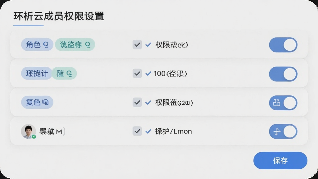 主体为环析云成员权限设置界面,布局为列表与开关按钮组合,风格为柔和圆角,细节包括角色标签、权限勾选项、头像图标、保存按钮,画质高清,干净,无多余元素