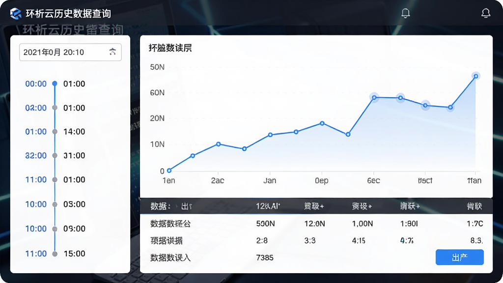 主体为环析云历史数据查询页面,布局为左侧时间轴与右侧折线图组合,风格为简约商务,细节包括日期选择器、数据表格、导出按钮、蓝色折线,画质高清,干净,无多余元素