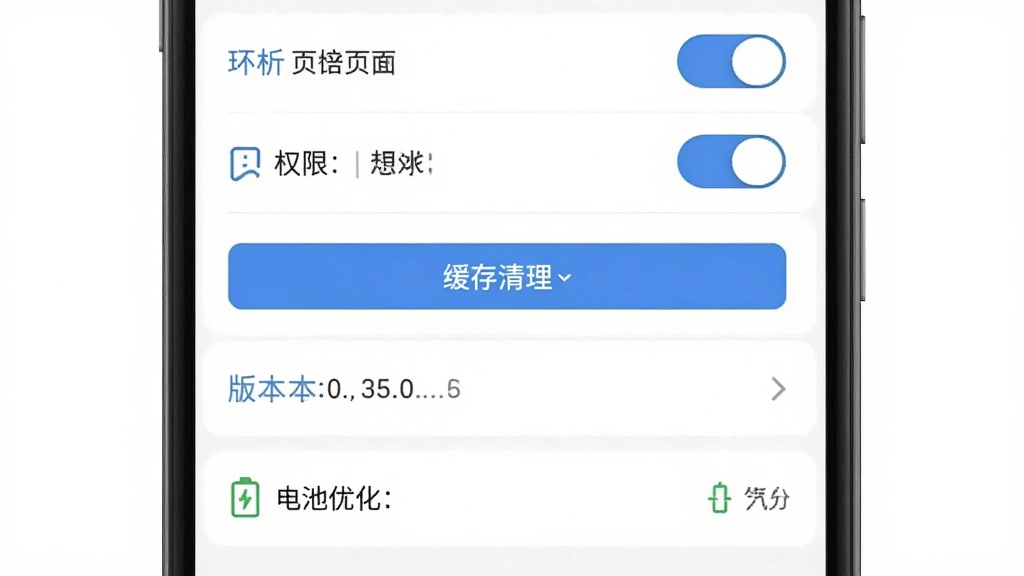 主体为环析云手机端设置页面,布局为纵向排列的选项列表,风格为清爽素雅,细节包括权限开关、缓存清理按钮、版本号显示、电池优化入口,画质高清,干净,无多余元素