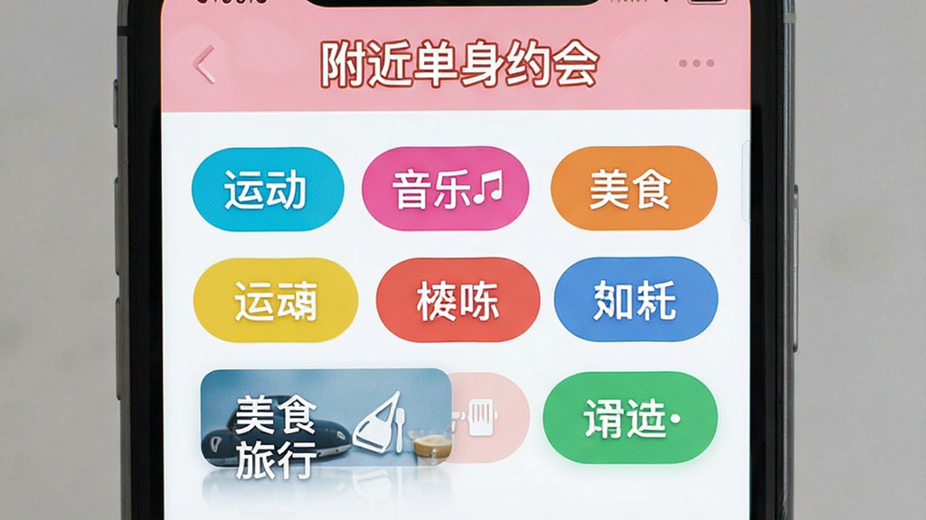 ��������Լ��APP��Ȥ��ǩѡ����棬�ֻ���Ļ��ʾ�����ɫ��Ȥ��ǩ���˶������֡���ʳ�����У��������С���������Լ�ᡱ���ƣ��������룬�����ã������������޶���װ��