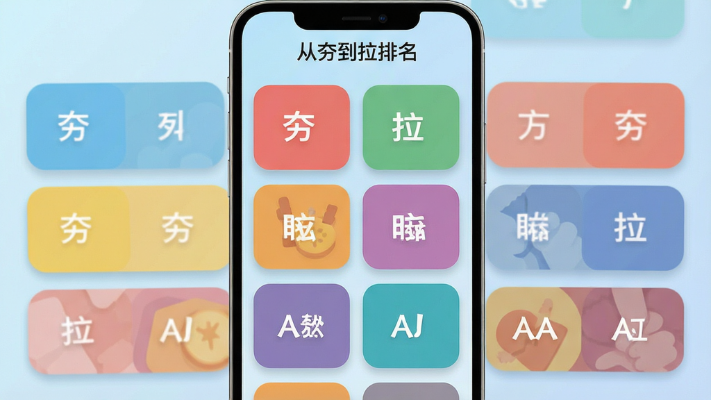 一张手机应用界面展示图,画面中央是排列整齐的彩色卡片,卡片上标注着从夯到拉的等级标签,背景为浅蓝色渐变,布局简洁清晰,风格为扁平化设计,细节包括圆角卡片、柔和阴影、顶部标题栏写着