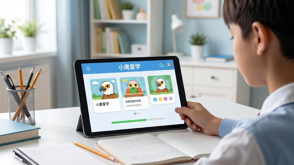 主体是一位中学生坐在书桌前使用平板电脑学习,屏幕上显示小鹰爱学的课程界面,布局为前景人物与设备、中景书桌文具、背景为明亮整洁的家庭学习角落,排版采用居中构图、视线聚焦屏幕,风格为清新写实的教育科技风,细节包括屏幕上的课程卡片与进度条、桌面上的笔记本与铅笔,画质高清、画面干净、无多余元素