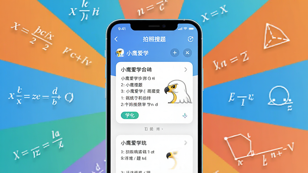 主体是一部智能手机特写,屏幕上展示小鹰爱学的拍照搜题界面,布局为手机居中、周围环绕数学公式与几何图形图标,排版采用放射状视觉引导,风格为扁平化科技插画风,细节包括屏幕内的解题步骤卡片与学科标签,画质清晰、画面干净、无多余元素