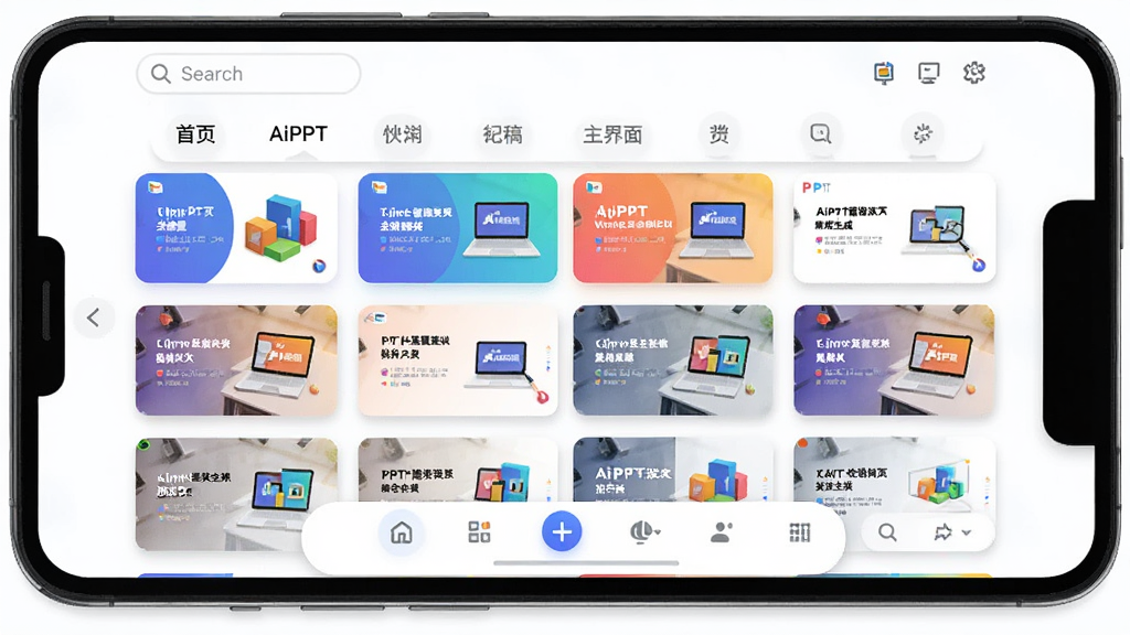 AiPPT智能演示文稿生成工具主界面预览图,主体为一部安卓手机屏幕,屏幕上显示着色彩鲜明、排版整洁的PPT幻灯片缩略图网格,界面顶部有搜索框和分类标签,底部有导航栏,布局清晰,排版采用扁平化卡片式设计,风格为现代科技简约风,细节包括柔和的阴影、圆润的图标和清晰的文字标签,画质高清,干净,无多余元素