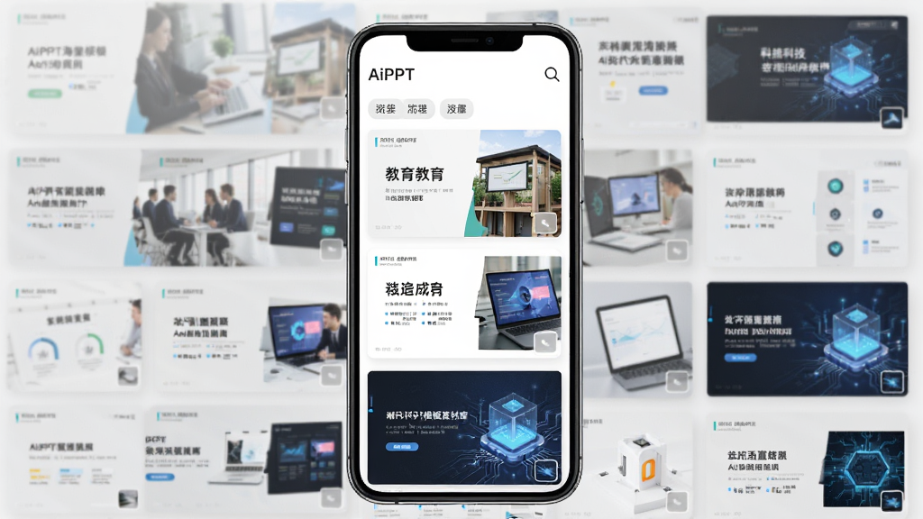 AiPPT海量模板素材库界面截图,主体为手机屏幕展示网格状排列的PPT模板缩略图,涵盖商务、教育、科技等多种风格,布局为瀑布流式,排版整齐,风格为清新明快,细节包括模板分类标签、搜索图标、预览小图,画质高清,干净,无多余元素