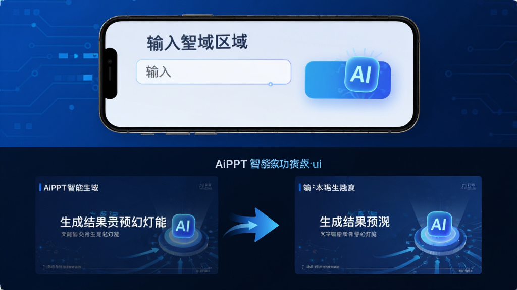 AiPPT智能一键生成功能演示图,主体为手机屏幕显示输入框和生成按钮,屏幕下方展示由文字转化为精美幻灯片的过程,布局采用上下分栏,上方为输入区域,下方为生成结果预览,排版突出AI智能感,风格为科技蓝调,细节包括发光的AI图标、流畅的动效箭头、清晰的文字标签,画质高清,干净,无多余元素