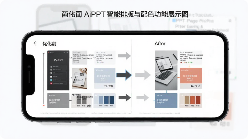 AiPPT智能排版与配色功能展示图,主体为手机屏幕显示同一页PPT在智能优化前后的对比效果,布局为左右对比,排版突出变化过程,风格为简洁专业,细节包括优化前后的箭头指示、配色方案色块、文字标注,画质高清,干净,无多余元素
