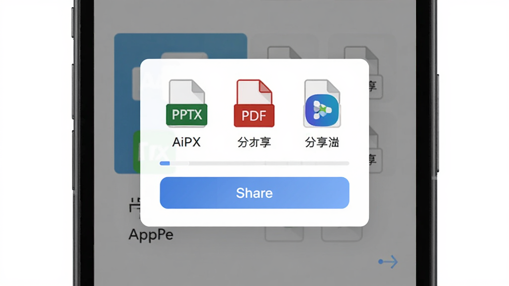 AiPPT多格式导出与分享功能界面图,主体为手机屏幕显示导出选项弹窗,包含PPTX、PDF等格式图标以及分享按钮,布局为居中弹窗式,排版清晰,风格为现代简约,细节包括文件格式图标、分享平台标志、进度条,画质高清,干净,无多余元素