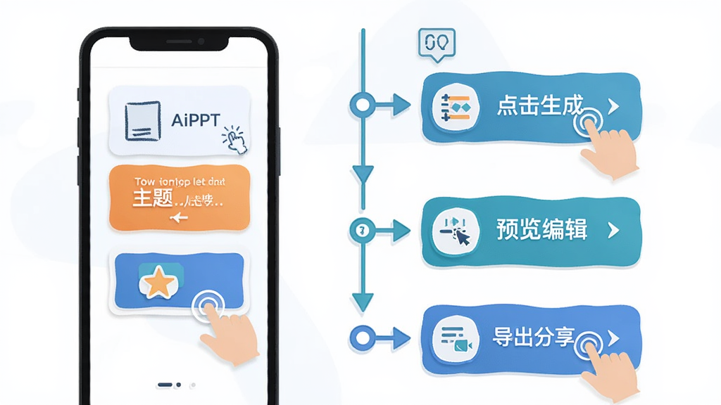 AiPPT新手操作指南示意图,主体为手机屏幕显示分步操作流程,包括输入主题、点击生成、预览编辑、导出分享四个步骤,布局为纵向时间轴式,排版清晰,风格为扁平化插画风,细节包括步骤编号、手指点击图标、箭头引导,画质高清,干净,无多余元素