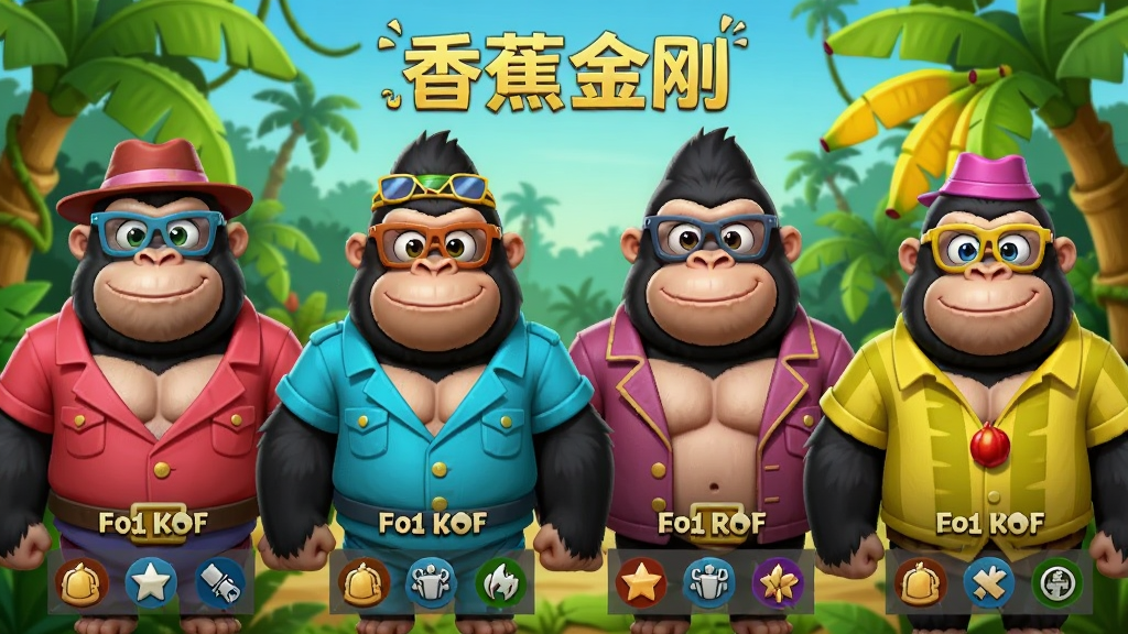 四只不同造型的卡通大猩猩并排站立,分别穿着不同颜色的服装和配饰,背景是热带丛林和香蕉树,每只大猩猩下方有对应的解锁条件和属性图标,整体风格为3D卡通渲染,色彩丰富鲜艳,构图整齐,画质清晰,干净无多余元素,画面中浮现“香蕉金刚”文字