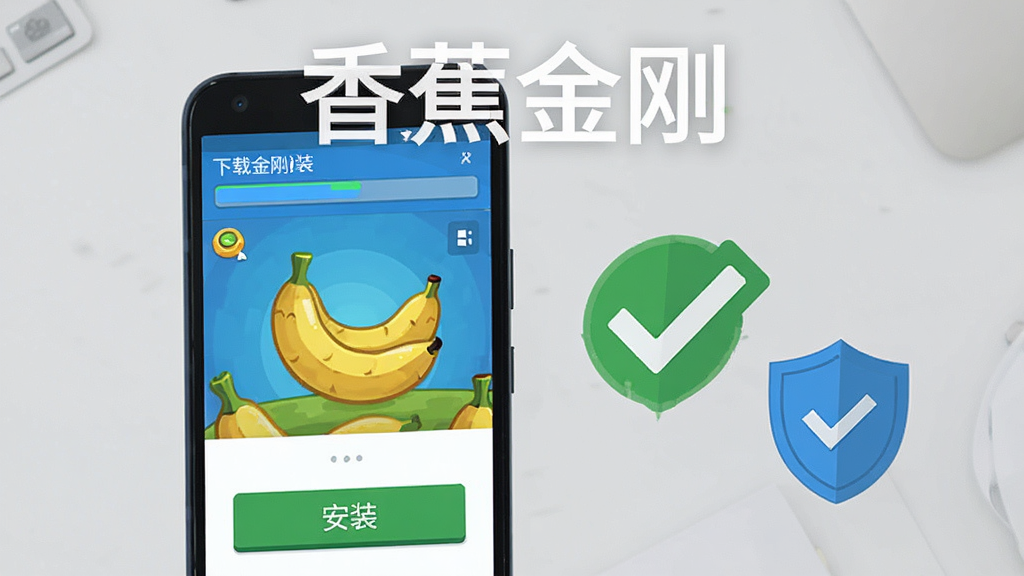 一部安卓手机屏幕显示香蕉金刚游戏安装界面,屏幕上方有下载进度条,下方有“安装”按钮,手机旁边有绿色对勾图标和盾牌安全图标,背景是简洁的浅灰色桌面,整体风格为扁平化科技感,色彩以蓝色和绿色为主,画质清晰,干净无多余元素,画面中浮现“香蕉金刚”文字
