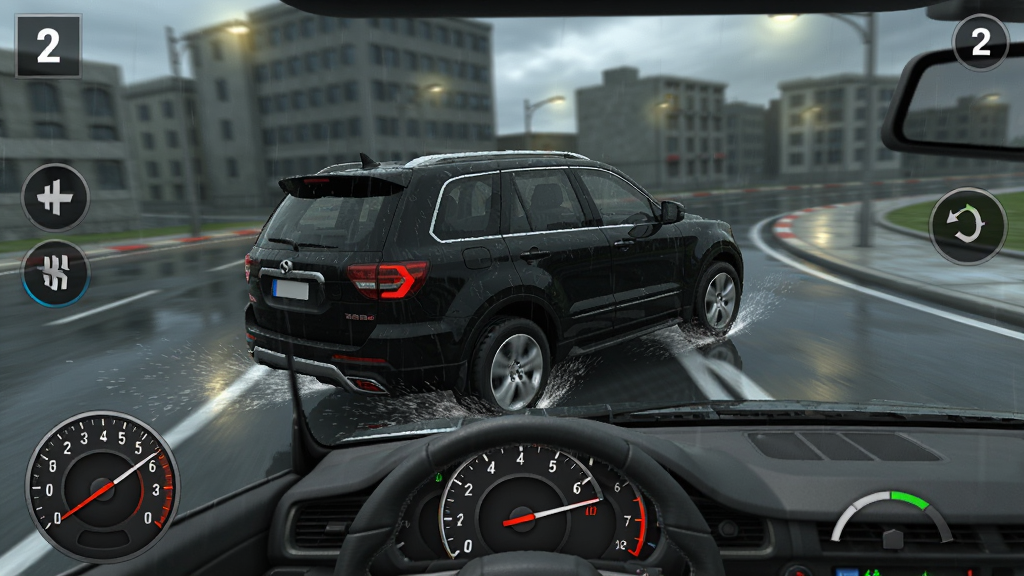 3D��ʻ��2��Ϸ��ͼ��������һ����ɫSUV������ʪ��·���ϼ�ת�䣬����������΢�໬��̬����̥����ˮ����������ģ���ĳ��н�����·�ƣ����дʵ��ϸ�ڰ����Ǳ����ϵĳ���ָ��ͷ�����ת�ǣ������������ɾ����޶���Ԫ��
