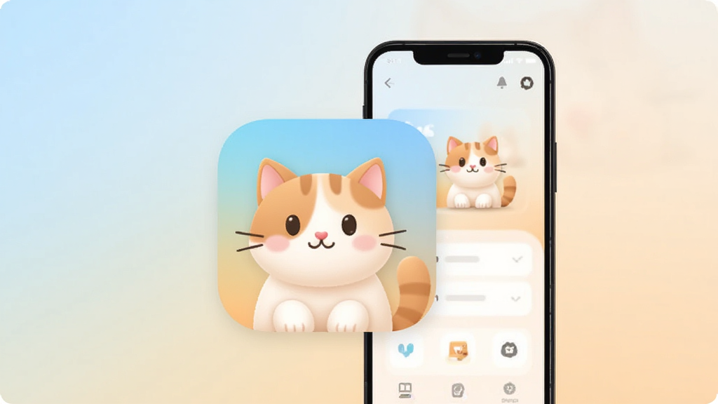 温馨猫咪软件图标与手机界面组合展示,背景为浅色渐变,画面突出轻量流畅的特点,风格简洁现代,画质清晰,无多余元素