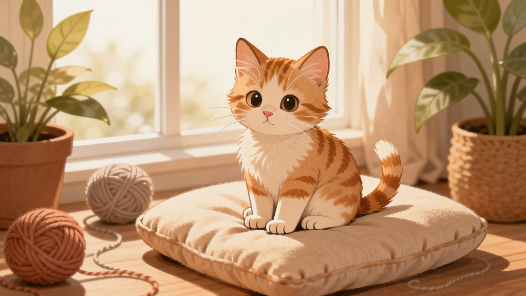 手机屏幕中央显示一只橘白色小猫坐在窗边软垫上,周围有毛线球和绿植,整体色调温暖柔和,画面干净整洁,风格为治愈系插画,细节丰富,画质清晰,无多余元素