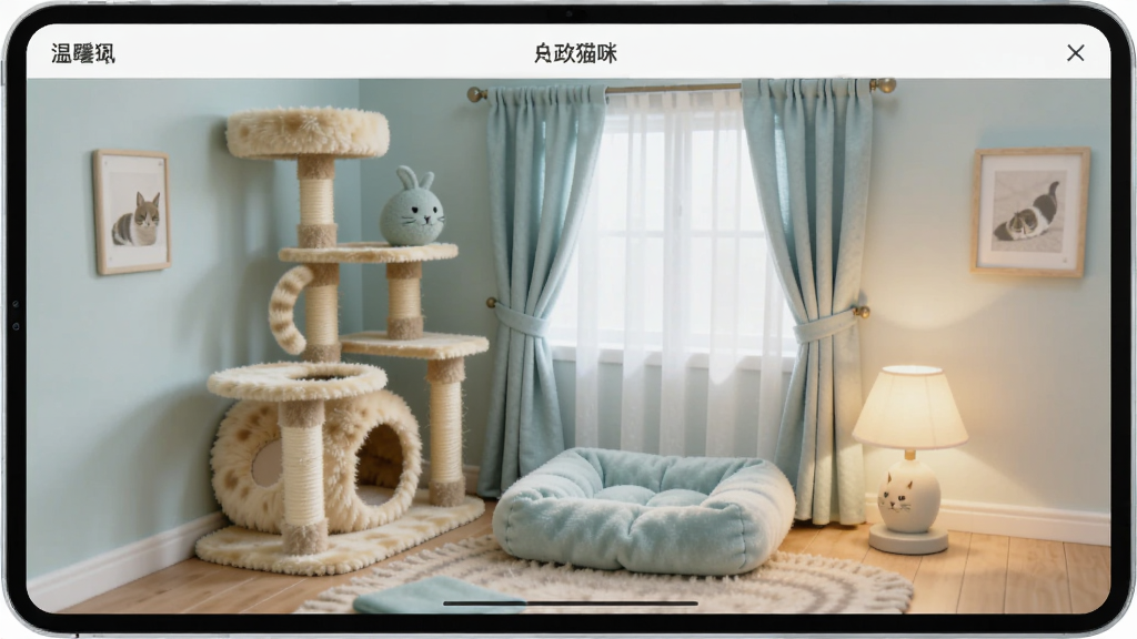 温馨猫咪软件界面展示房间布置功能,屏幕中有一间布置好的猫咪房间,包含猫爬架、软垫、窗帘和小台灯,界面简洁,风格清新,画质清晰,无多余元素