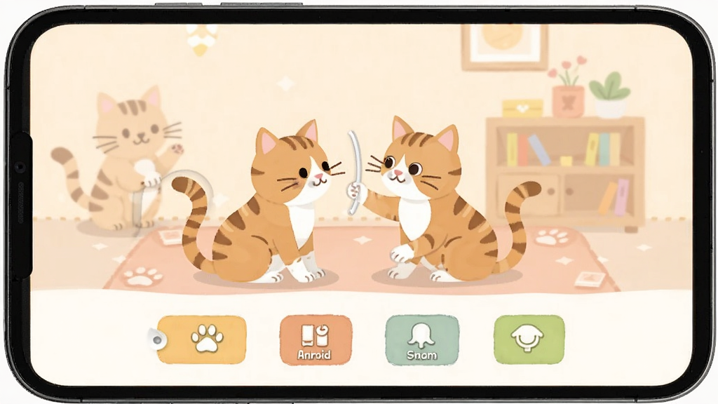 温馨猫咪安卓版操作界面展示,手机屏幕上显示猫咪互动场景和功能按钮,布局清晰,风格简洁,画质干净,无多余元素