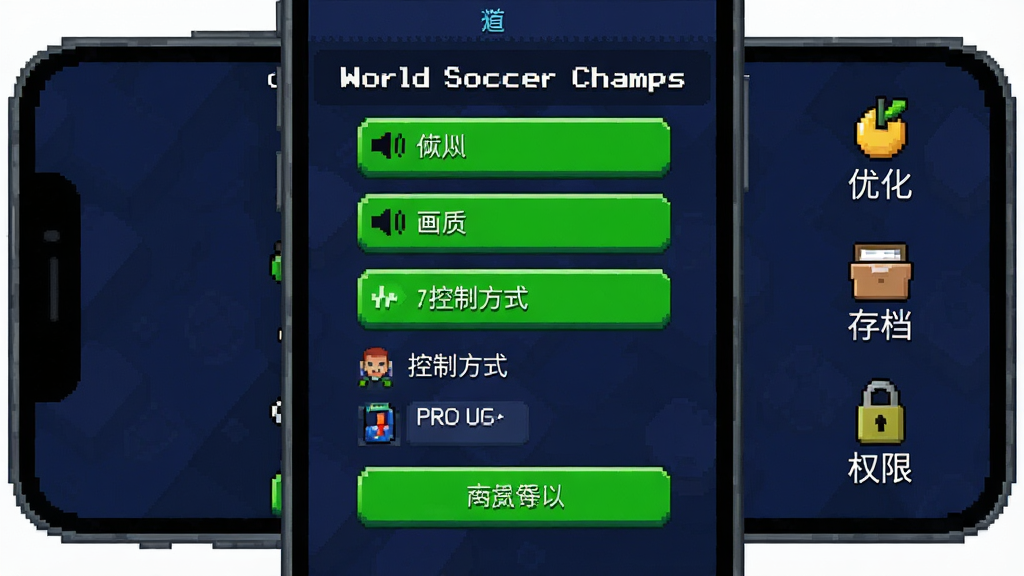 一幅像素风格的游戏设置界面示意图,画面展示手机屏幕中World Soccer Champs的设置菜单,包含音量、画质、控制方式等选项,界面采用深色背景配绿色高亮按钮,旁边有像素风格的小图标标注“优化”“存档”“权限”等字样,整体风格简洁明了,色彩以深蓝和亮绿为主,画面干净,无多余元素,高清画质,适合作为新手教程配图。
