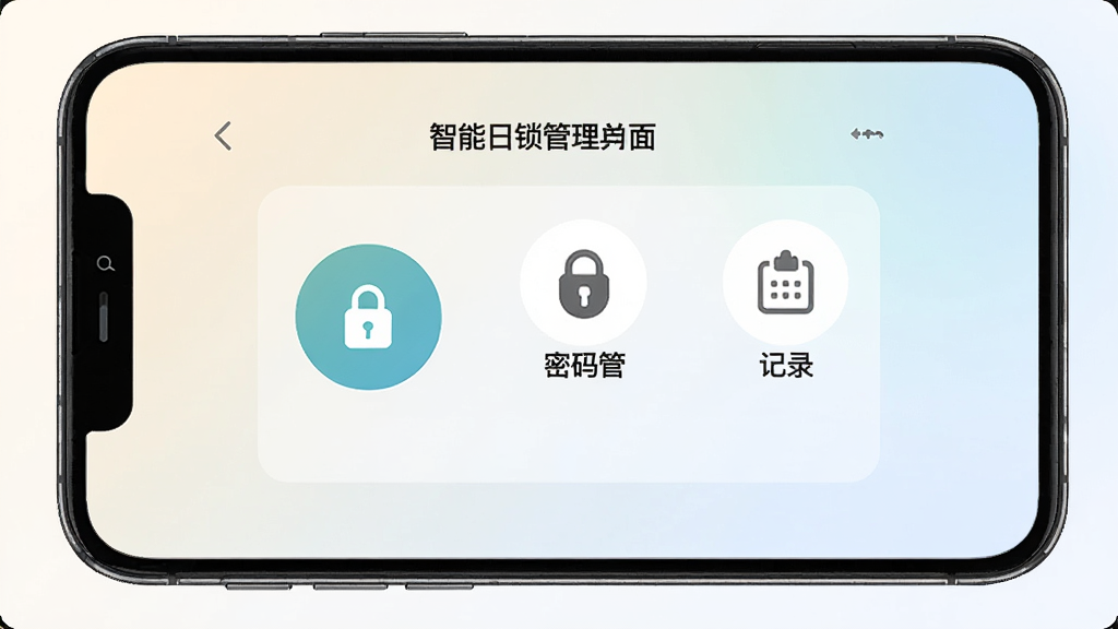 通通锁软件主界面展示,手机屏幕中央显示智能门锁管理面板,包含开锁按钮、密码管理、开门记录等图标,整体布局清晰,背景为浅色渐变,风格简约现代,细节干净,画质高清,无多余元素