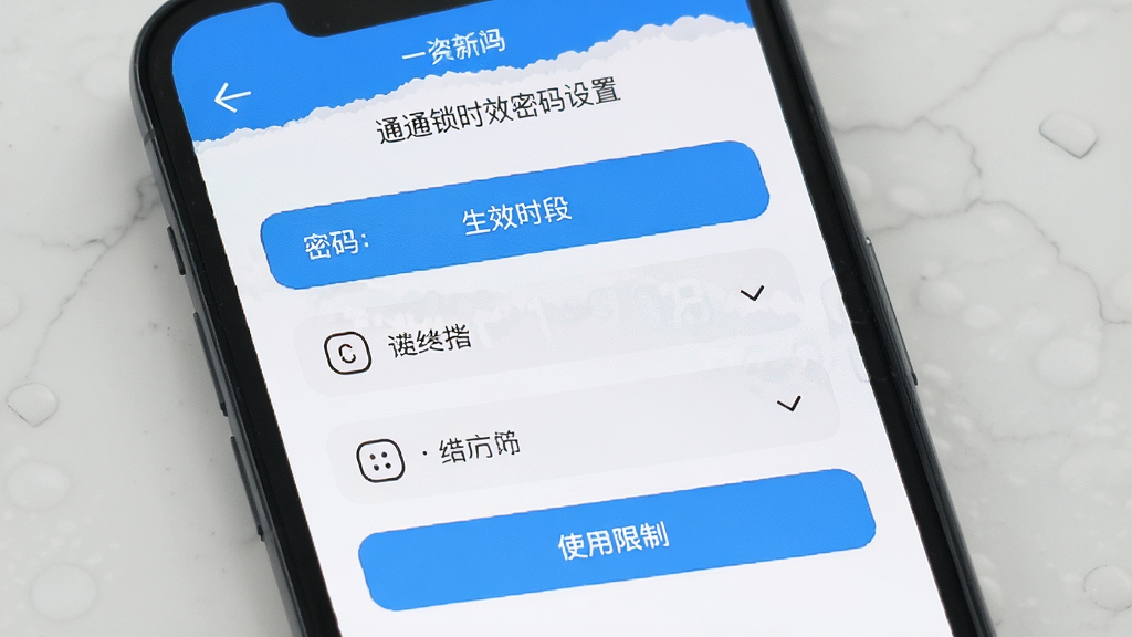 通通锁时效密码设置界面,手机屏幕显示密码类型选择、生效时间段、使用次数限制等选项,布局整齐,风格清新,细节干净,画质高清,无多余元素