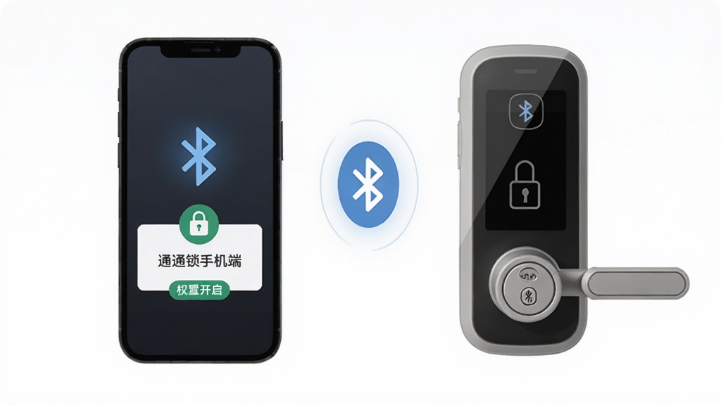 通通锁手机端安装配置步骤示意图,画面展示手机与智能门锁蓝牙配对场景,包含权限开启提示图标,风格扁平化,细节清晰,画质干净,无多余元素
