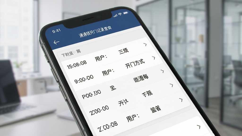 通通锁开门记录查询界面,手机屏幕显示按时间排列的开门记录列表,包含时间、用户、开门方式等信息,风格简约商务,细节清晰,画质干净,无多余元素