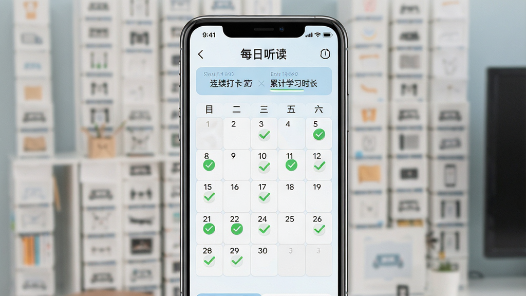 一张展示“每日听读”打卡日历界面的图片,画面中央是一部手机,屏幕内呈现一个月度打卡日历,部分日期有绿色对勾标记,顶部显示连续打卡天数和累计学习时长,背景为白色与淡蓝色搭配,风格清新简洁,布局规整,细节清晰,画质高清,干净,无多余元素