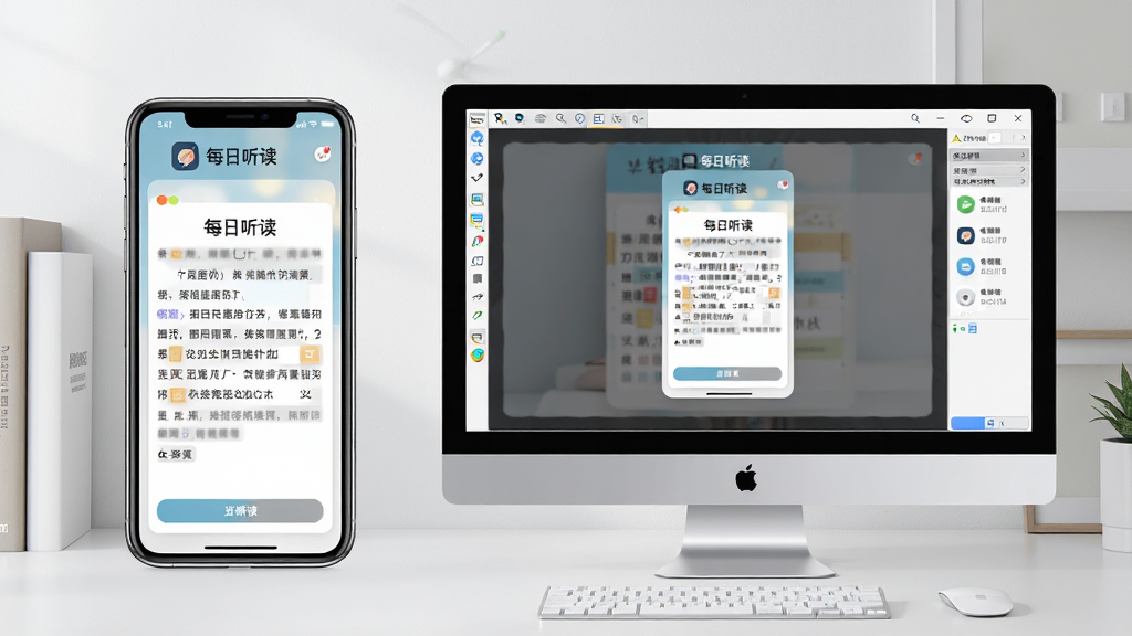 一张展示“每日听读”在手机与电脑模拟器上同时运行的图片,画面左侧为竖屏手机显示听读界面,右侧为电脑屏幕显示模拟器中的同一应用界面,背景为简洁书桌场景,风格写实,布局对称,细节清晰,画质高清,干净,无多余元素