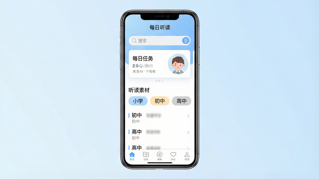 一张展示“每日听读”手机应用主界面的图片,画面中央是一部竖屏智能手机,屏幕内显示“每日听读”应用首页,顶部有搜索栏与每日任务卡片,中部为听读素材分类列表,包含小学、初中、高中等标签,底部为导航栏,背景为柔和浅蓝色渐变,整体布局清晰整洁,风格现代简约,细节精致,画质高清,干净,无多余元素