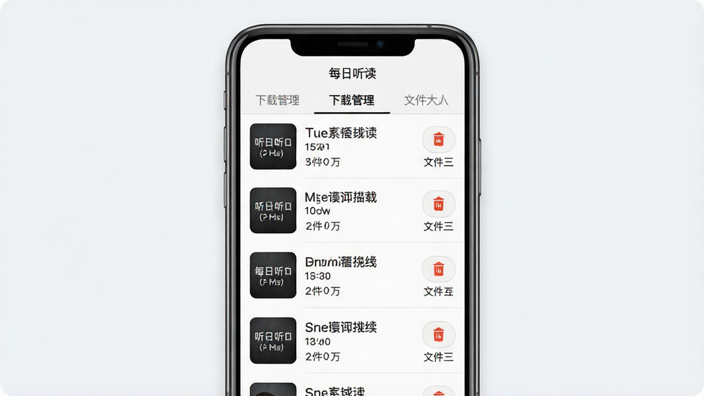 一张展示“每日听读”离线下载管理界面的图片,画面中央是一部手机,屏幕内显示已下载的听读素材列表,每条素材右侧有删除按钮和文件大小标注,顶部有下载管理标签,背景为浅灰白色,风格简约实用,布局清晰,细节丰富,画质高清,干净,无多余元素